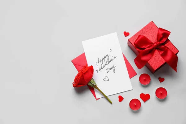 Letter Text Happy Valentine Day Rose Candles Gift Grey Background — Stock Photo, Image