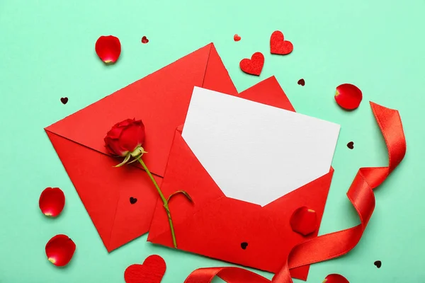 Blank Letter Rose Hearts Green Background Valentine Day Celebration — Stock Photo, Image