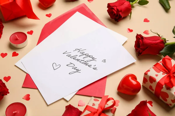 Card Text Happy Valentine Day Gifts Roses Hearts Beige Background — Stock Photo, Image