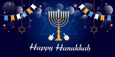 Greeting card for Happy Hanukkah on dark blue background clipart