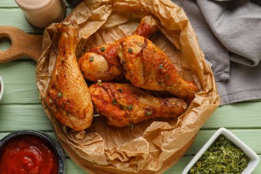 Lezzetli pişmiş tavuk bacaklı tahta masa, yakın plan.