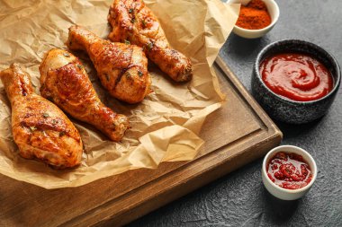 Ahşap tahta tahta tahta, lezzetli fırınlanmış tavuk bacakları ve koyu renk arka planda soslar, yakın plan.