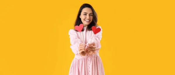 Young Woman Red Paper Hearts Yellow Background — Stock Photo, Image