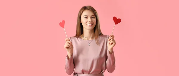 Young Woman Red Paper Hearts Pink Background — Stock Photo, Image