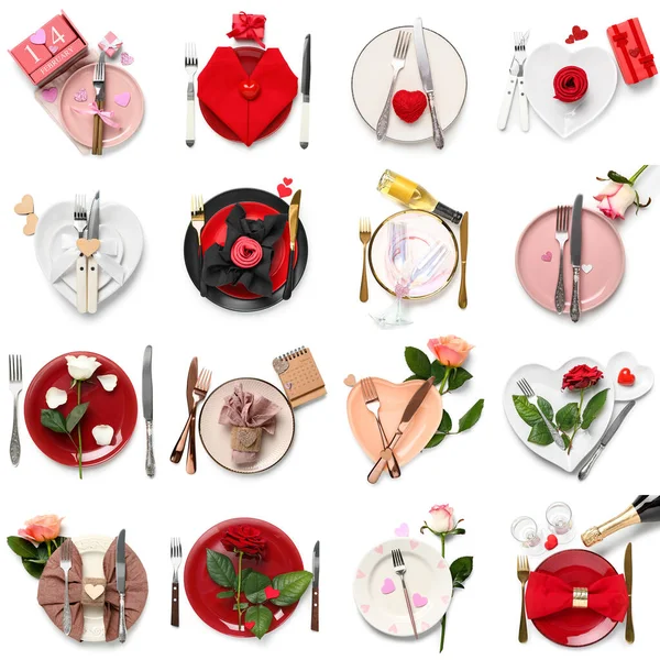 白い背景にバレンタインデーのための美しいテーブル設定のグループ — ストック写真