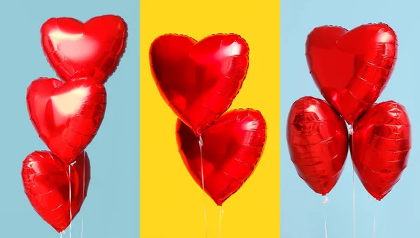 Set of beautiful heart-shaped balloons for Valentine\'s Day celebration on blue and yellow backgrounds