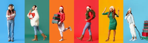 Samarbeid Mellom Pene Unge Kvinner Fargebakgrunn Julefest – stockfoto