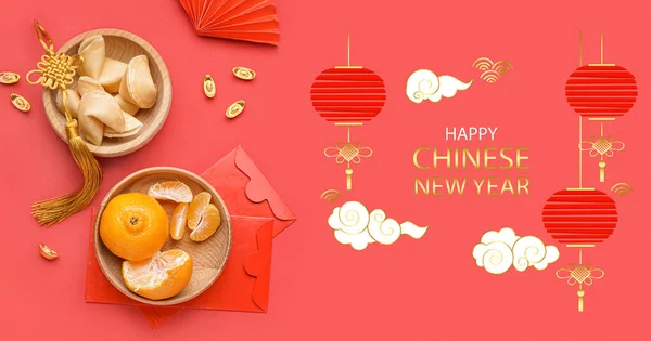 Cartão Saudação Elegante Para Feliz Ano Novo Chinês Fundo Vermelho — Fotografia de Stock