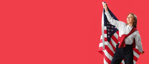 Happy Young Woman Holding Usa Flag Red Background Space Text — Stock Photo, Image