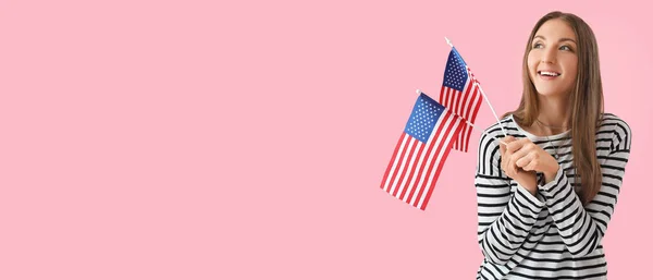 Happy Young Woman Holding Usa Flags Pink Background Space Text — Stock Photo, Image