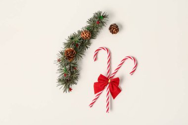 Hafif arkaplanda kozalaklı ağaç dalları, kozalaklar ve baston şekerlerle kompozisyon