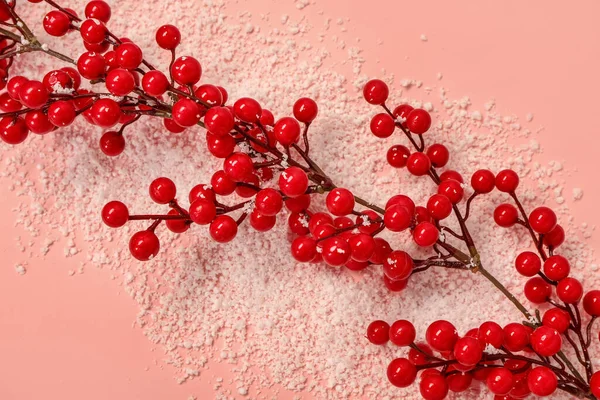 Beautiful Christmas branch with red berries and snow on pink background, closeup