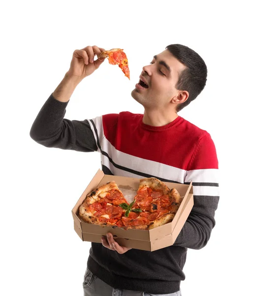 Young Man Eating Tasty Pizza White Background — Stock Photo, Image