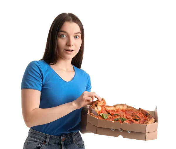 Young Woman Box Tasty Pizza White Background — Stock Photo, Image