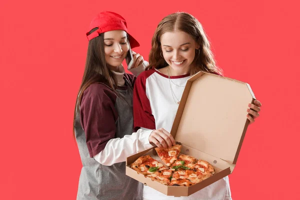 Young Women Box Tasty Pizza Red Background — Stock Photo, Image
