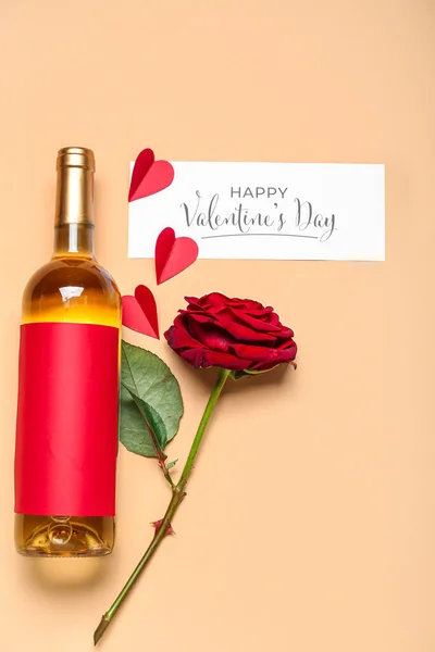 Card Text Happy Valentine Day Bottle Wine Hearts Rose Beige — Stock Photo, Image
