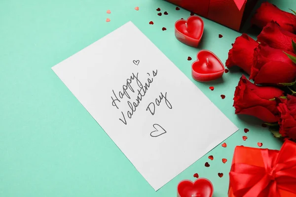 Card Text Happy Valentine Day Gifts Roses Candles Green Background — Stock Photo, Image