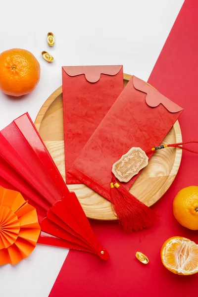 Plate Envelopes Mandarins Chinese Symbols White Background New Year Celebration — Stock Photo, Image
