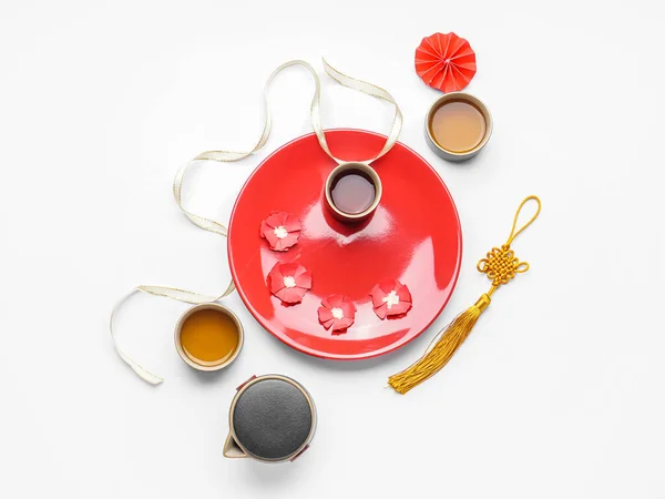 Plate Teapot Cups Chinese Symbols White Background New Year Celebration — Stock Photo, Image
