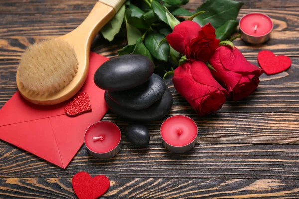 Beautiful Spa Composition Valentine Day Rose Flowers Stones Brush Envelope — Stock Photo, Image