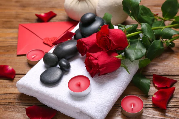 Beautiful Spa Composition Valentine Day Rose Flowers Stones Towel Candles — Stock Photo, Image
