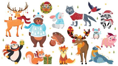 Beyaz arka planda bir grup hayvan. Noel kutlaması