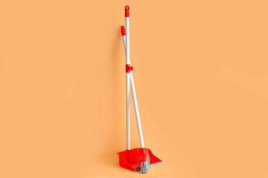 Renk arkaplanındaki süpürge ve faraş temizleniyor