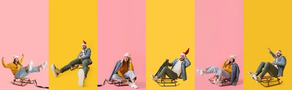 Collage Giovane Donna Uomo Abiti Invernali Seduti Slitte Sullo Sfondo — Foto Stock