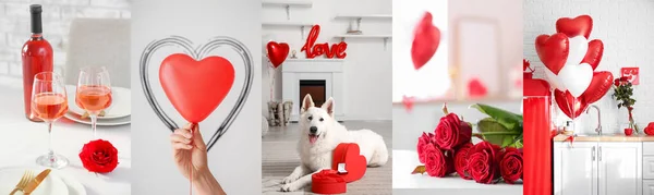 Festive Collage Heart Shaped Balloons Red Roses Tasty Wine Dog — Stock Photo, Image