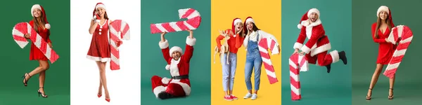 Set Emberek Karácsonyi Cukornád Pinatas Színes Háttér — Stock Fotó
