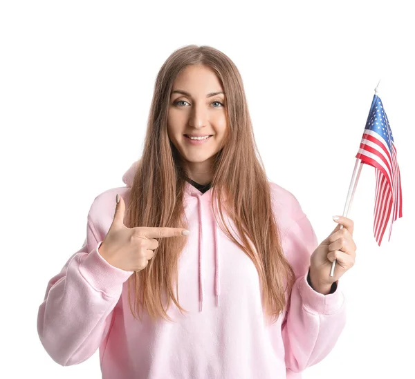 Beautiful Woman Pointing Usa Flags White Background — Stock Photo, Image