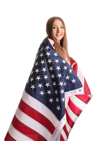 Happy Young Woman Usa Flag White Background — Stock Photo, Image
