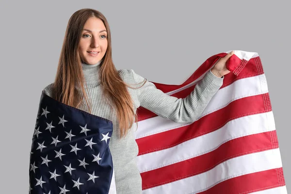 Beautiful Woman Usa Flag Grey Background — Stock Photo, Image