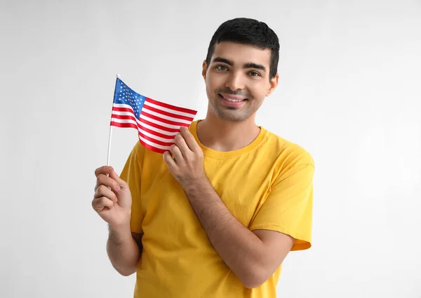 Young Man Usa Flag Light Background — Stock Photo, Image