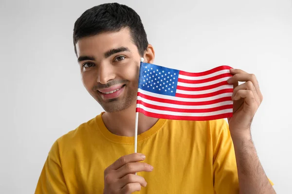 Young Man Usa Flag Light Background Closeup — Stock Photo, Image