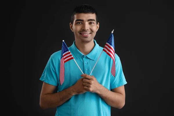 Young Man Usa Flags Black Background — Stock Photo, Image