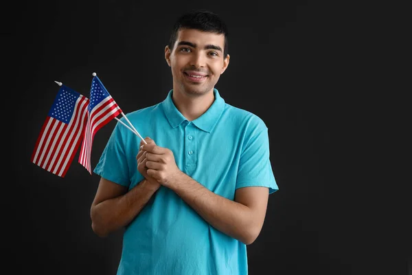 Young Man Usa Flags Black Background — Stock Photo, Image
