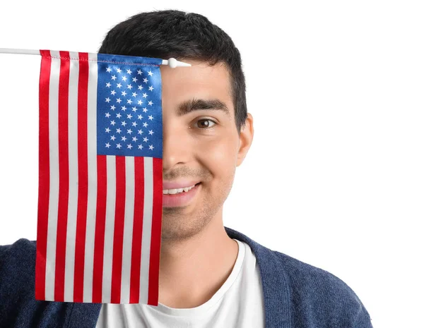 Young Man Holding Usa Flag White Background Closeup — Stock Photo, Image