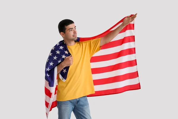 Young Man Usa Flag Light Background — Stock Photo, Image