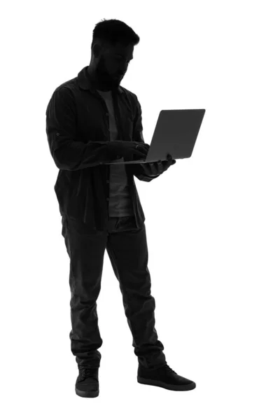 Silhouette Young Man Using Laptop White Background — Stock Photo, Image