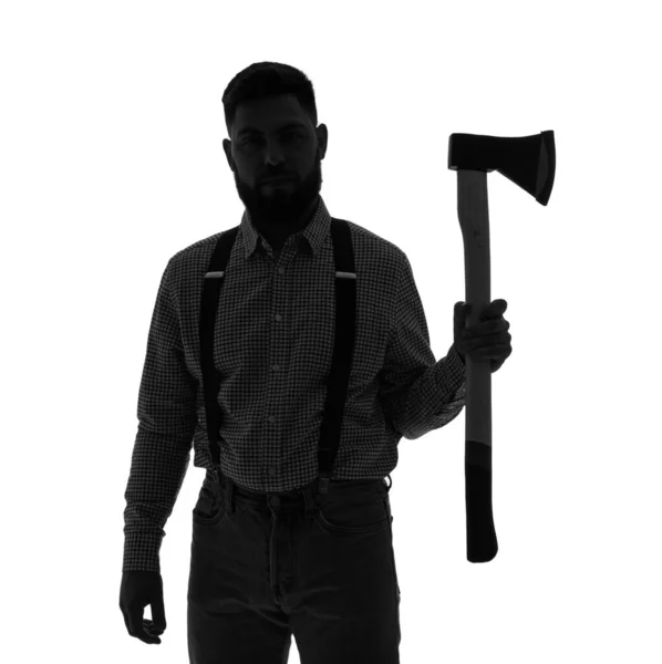 Silhouette Young Man Axe White Background — Stock Photo, Image
