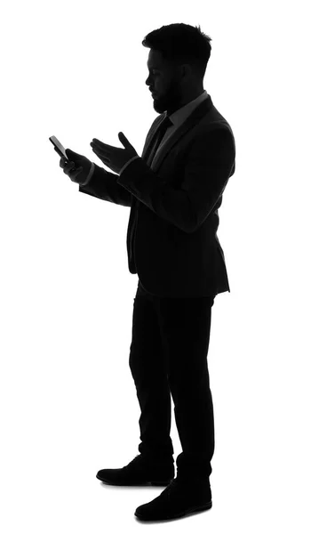 Silhouette Male Businessman Using Mobile Phone White Background — Stock Photo, Image