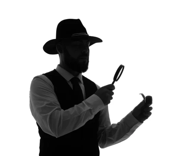 Silhouette Male Detective Magnifier Smoking Pipe White Background — Stock Photo, Image