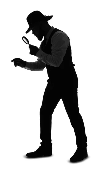 Silhouette Male Detective Magnifier White Background — Stock Photo, Image