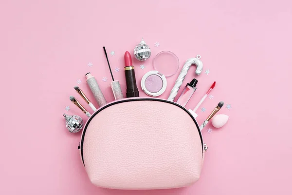 Composition Bag Cosmetics Christmas Decorations Pink Background — Stock Photo, Image