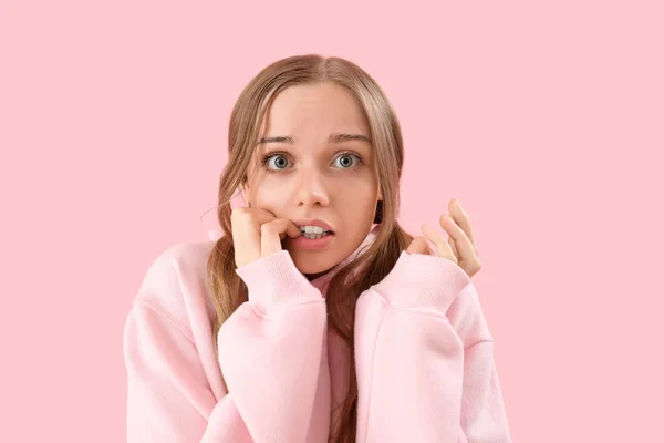 Young Woman Hoodie Biting Nails Pink Background Closeup — Stock Photo, Image