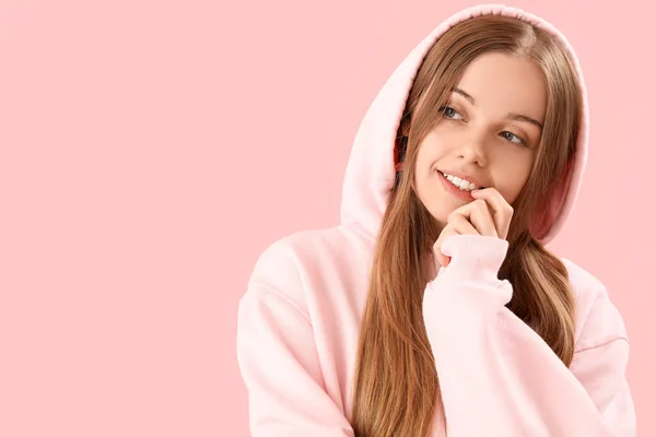 Young Woman Hoodie Biting Nails Pink Background Closeup — Stock Photo, Image