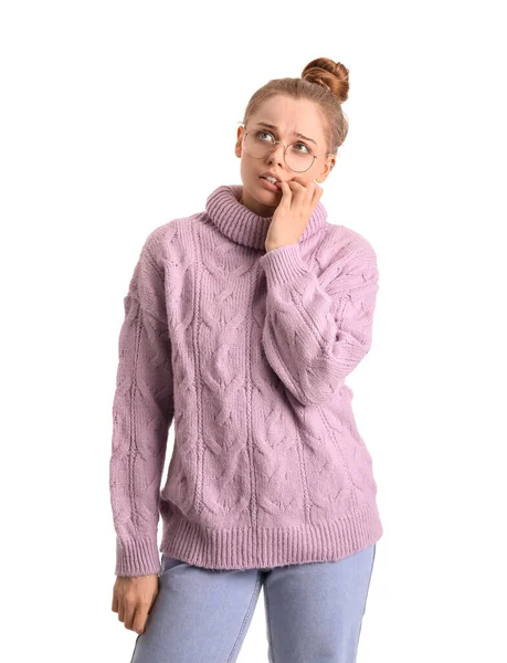 Young Woman Sweater Biting Nails White Background — Stock Photo, Image