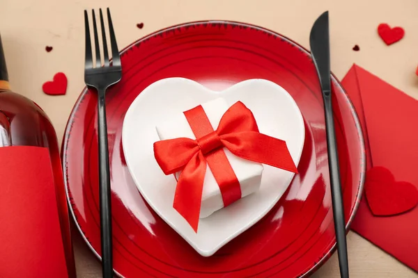 Table Setting Valentine Day Gift Envelope Beige Background Closeup — Stock Photo, Image