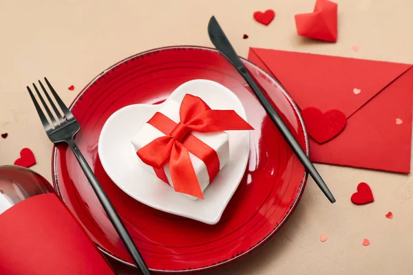 Table Setting Valentine Day Gift Envelope Beige Background Closeup — Stock Photo, Image